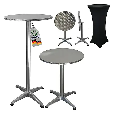 CHEFGASTRO Stehtisch höhenverstellbar mit Hussen klappbar Rund HxØ 75-115x60cm Bistrotisch In- & Outdoor Aluminium MDF-Platte mit Edelstahlbeschichtung Silber Gastro wetterfest Klapptisch Gartentisch