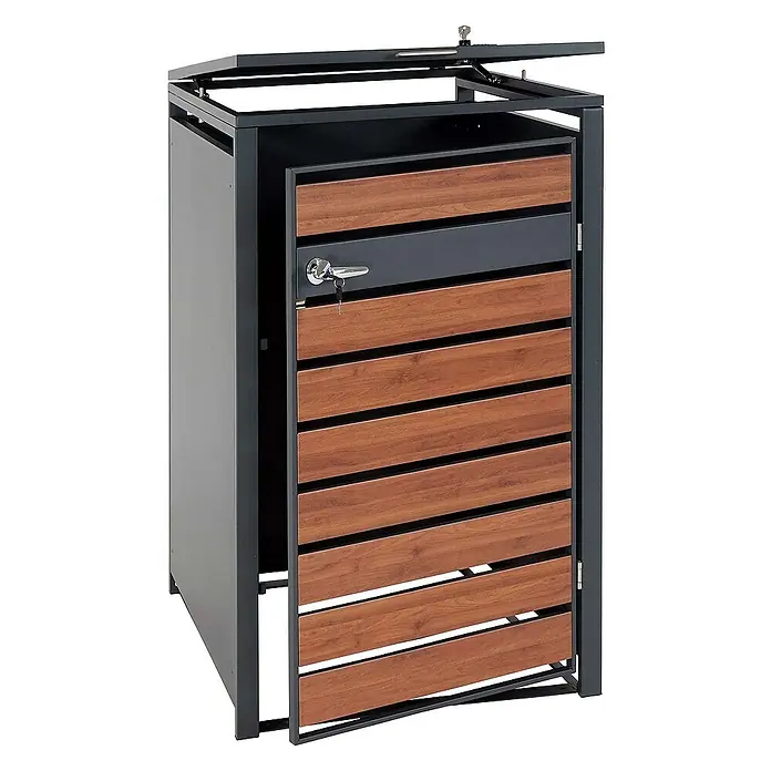 Proregal Mülltonnenbox XL 1er/2er-Mülltonnenverkleidung - 73 x 98 cm, Metall, Kirsche-Holzoptik Dunkelbraun, Geeignet für Anzahl Mülltonnen: 2 Stk. - Mülltonnenbox mit einer Tür aus Holzlatten und abschließbarem Griff, ideal für die stilvolle Aufbewahrung von Mülltonnen im Außenbereich.