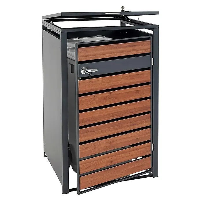 Proregal Mülltonnenbox XL 1er/2er-Mülltonnenverkleidung - 73 x 98 cm, Metall, Kirsche-Holzoptik Dunkelbraun, Geeignet für Anzahl Mülltonnen: 2 Stk. - Das Bild zeigt einen Mülltonnenbox mit einer Holztür und einem abschließbaren Griff. Die Box ist aus Metall gefertigt und hat ein modernes Design.