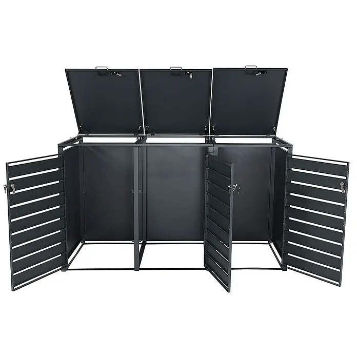 Proregal Mülltonnenbox 3er Mülltonnenverkleidung - 200 x 80 cm, Metall, Gold-Optik, Geeignet für Anzahl Mülltonnen: 3 Stk. - Ein schwarzer Mülltonnenbox für drei Tonnen mit geöffneten Klappen und Türen zur einfachen Nutzung.