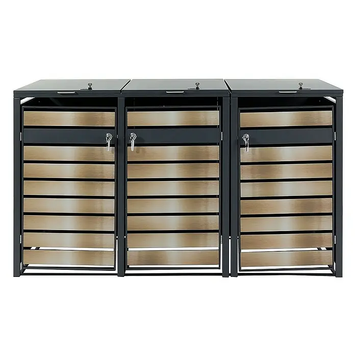 Proregal Mülltonnenbox 3er Mülltonnenverkleidung - 200 x 80 cm, Metall, Gold-Optik, Geeignet für Anzahl Mülltonnen: 3 Stk. - Eine dreifache Mülltonnenbox mit abschließbaren Türen und Lamellenfront, ideal für die diskrete Mülltonnenaufbewahrung im Außenbereich.
