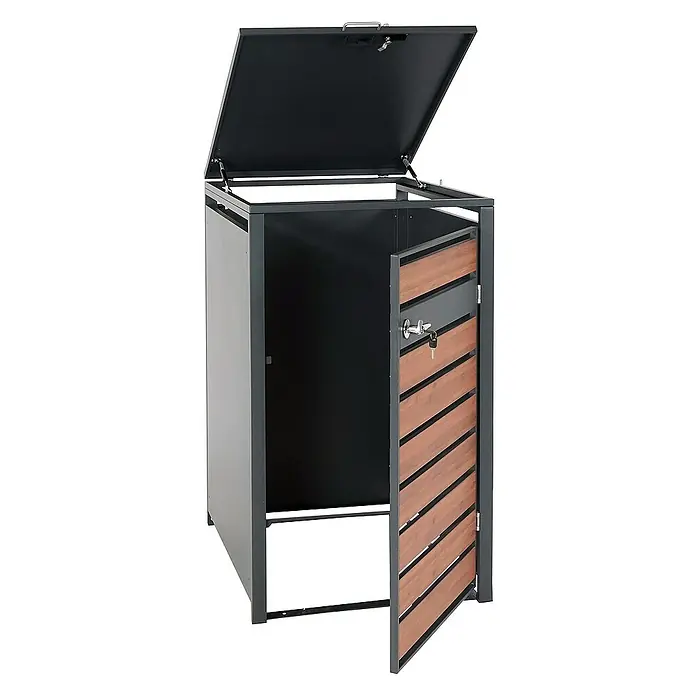 Proregal Mülltonnenbox 1er Mülltonnenverkleidung - 68 x 80 cm, Metall, Kirsche-Holzoptik Dunkelbraun, Geeignet für Anzahl Mülltonnen: 1 Stk. - Schwarze Mülltonnenbox mit Holzdetailen und offenem Deckel. Diese Box ist eine stilvolle Lösung, um Mülltonnen diskret zu verbergen.