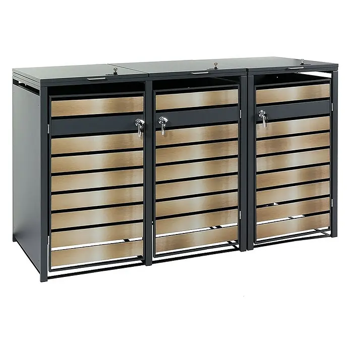 Proregal Mülltonnenbox 3er Mülltonnenverkleidung - 200 x 80 cm, Metall, Gold-Optik, Geeignet für Anzahl Mülltonnen: 3 Stk. - Diese Mülltonnenbox bietet stilvollen Stauraum. Sie ist aus robustem, wetterfestem Material gefertigt und verfügt über abschließbare Türen.