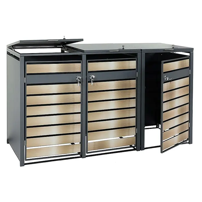 Proregal Mülltonnenbox 3er Mülltonnenverkleidung - 200 x 80 cm, Metall, Gold-Optik, Geeignet für Anzahl Mülltonnen: 3 Stk. - Ein stilvoller Mülltonnenverkleidung aus Metall mit Holzoptik, bietet eine attraktive Lösung zur Aufbewahrung von Mülltonnen im Außenbereich.
