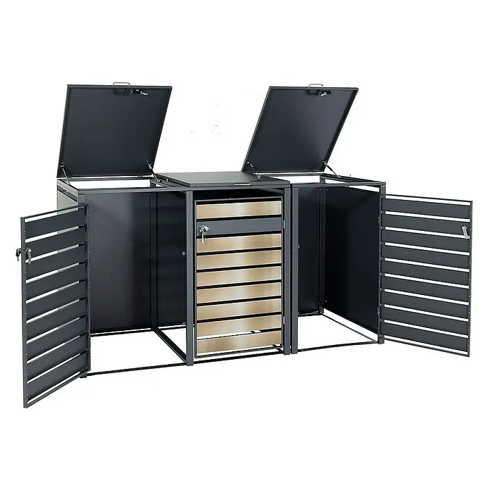 Proregal Mülltonnenbox 3er Mülltonnenverkleidung - 200 x 80 cm, Metall, Gold-Optik, Geeignet für Anzahl Mülltonnen: 3 Stk. - Mülltonnenbox aus Metall mit drei Fächern, zwei davon mit aufklappbaren Deckeln und abschließbarer Tür mit horizontalen Lamellen.