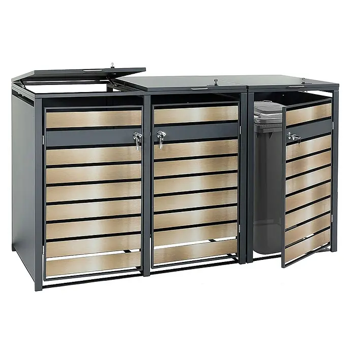 Proregal Mülltonnenbox 3er Mülltonnenverkleidung - 200 x 80 cm, Metall, Gold-Optik, Geeignet für Anzahl Mülltonnen: 3 Stk. - Ein dreifacher Mülltonnenbox aus Metall mit horizontalen Holzpaneelen und abschließbaren Türen, um Mülltonnen ordentlich zu verstecken.