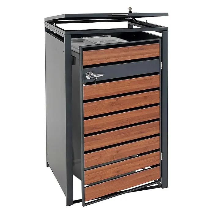Proregal Mülltonnenbox 1er Mülltonnenverkleidung - 68 x 80 cm, Metall, Kirsche-Holzoptik Dunkelbraun, Geeignet für Anzahl Mülltonnen: 1 Stk. - Mülltonnenbox aus Metall mit Holzverkleidung und abschließbarer Tür zur Aufbewahrung von Abfalltonnen im Außenbereich.