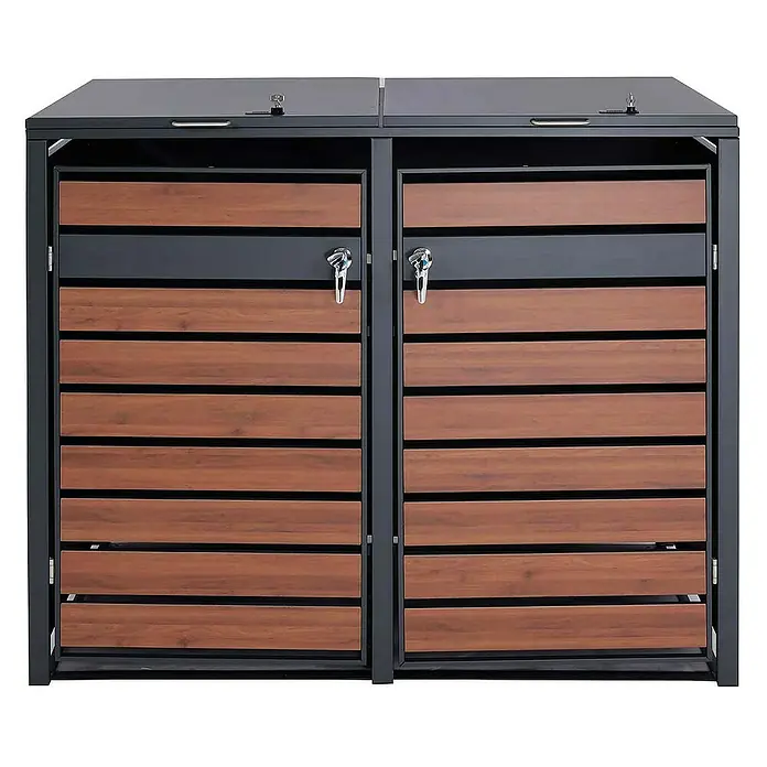 Proregal Mülltonnenbox 2er Mülltonnenverkleidung - 132 x 80 cm, Metall, Kirsche-Holzoptik Dunkelbraun, Geeignet für Anzahl Mülltonnen: 2 Stk. - Doppel-Mülltonnenbox aus robustem Metall und Holz, ideal für die stilvolle Aufbewahrung von zwei Mülltonnen im Außenbereich.