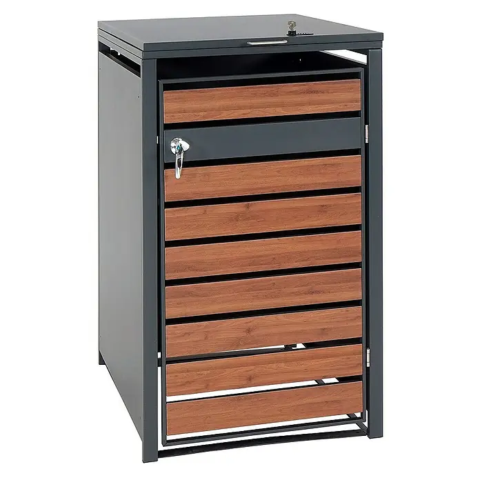 Proregal Mülltonnenbox 1er Mülltonnenverkleidung - 68 x 80 cm, Metall, Kirsche-Holzoptik Dunkelbraun, Geeignet für Anzahl Mülltonnen: 1 Stk. - Das Bild zeigt einen modernen, abschließbaren Mülltonnenbox aus Metall und Holz. Die Box bietet eine stilvolle Lösung zur Mülltonnenaufbewahrung.