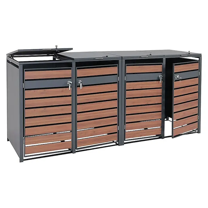 Proregal Mülltonnenbox 1er Mülltonnenverkleidung - 68 x 80 cm, Metall, Kirsche-Holzoptik Dunkelbraun, Geeignet für Anzahl Mülltonnen: 1 Stk. - Mülltonnenbox mit Kippdeckel und abschließbaren Türen aus Holzlatten und anthrazitfarbenem Metallrahmen.