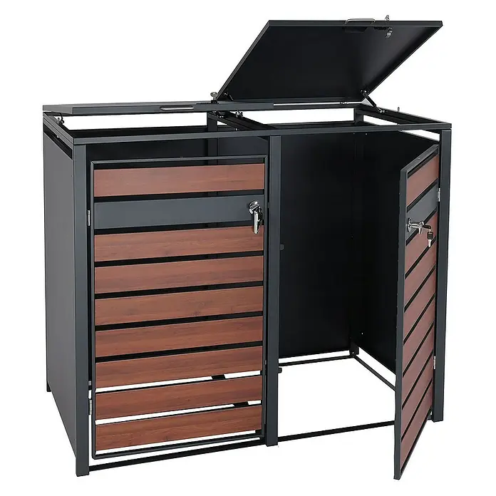 Proregal Mülltonnenbox 2er Mülltonnenverkleidung - 132 x 80 cm, Metall, Kirsche-Holzoptik Dunkelbraun, Geeignet für Anzahl Mülltonnen: 2 Stk. - Das Bild zeigt eine Mülltonnenbox für zwei Mülltonnen mit aufklappbarem Deckel und abschließbaren Türen.