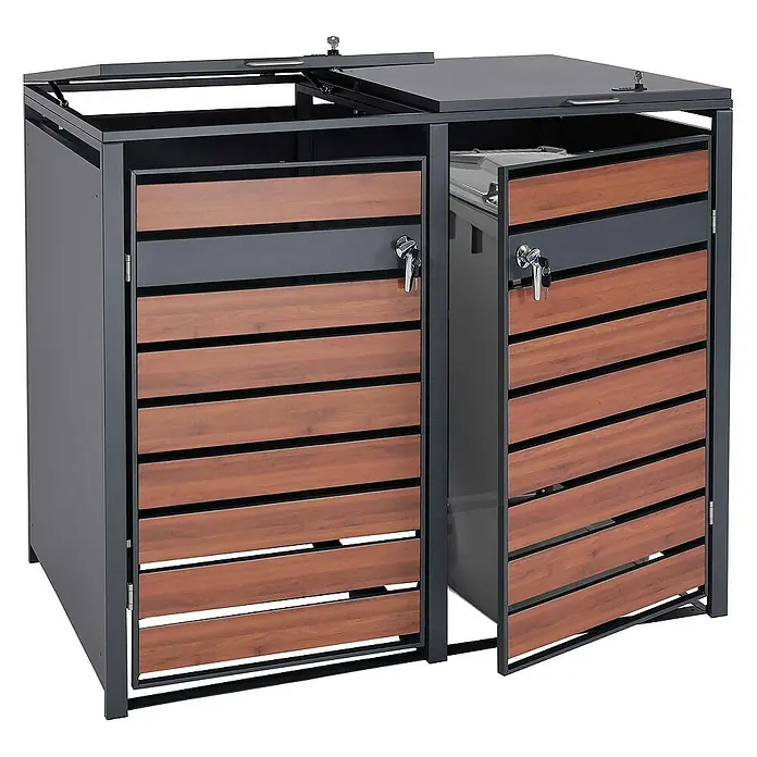 Proregal Mülltonnenbox 2er Mülltonnenverkleidung - 132 x 80 cm, Metall, Kirsche-Holzoptik Dunkelbraun, Geeignet für Anzahl Mülltonnen: 2 Stk. - Ein doppelter Mülltonnenbox-Schrank aus Holz und Metall, ideal für die stilvolle Aufbewahrung von Abfallbehältern im Außenbereich.