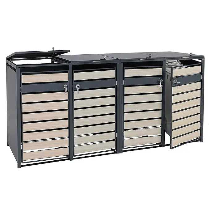 Proregal Mülltonnenbox XL 4er/8er-Mülltonnenverkleidung - Metall, Buche-Holzoptik Hellbraun, Geeignet für Anzahl Mülltonnen: 4 Stk. - Eine Mülltonnenbox mit drei Fächern und abschließbaren Türen aus Holzlatten und anthrazitfarbenem Rahmen für eine stilvolle Mülltrennung.