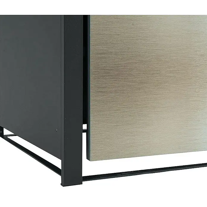 Proregal Mülltonnenbox 4er Mülltonnenverkleidung - Metall, Gold-Optik, Geeignet für Anzahl Mülltonnen: 4 Stk. - Detailaufnahme eines modernen Möbelstücks, das eine dunkle Metallbasis mit einer eleganten, hellen Holzstruktur kombiniert. Die klaren Linien betonen das Design.