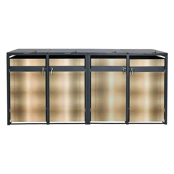 Proregal Mülltonnenbox 4er Mülltonnenverkleidung - Metall, Gold-Optik, Geeignet für Anzahl Mülltonnen: 4 Stk. - Mülltrennsystem mit abschließbaren Behältern in stilvollem Design für eine saubere und sichere Abfallentsorgung im Außenbereich.