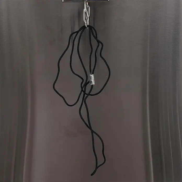 Proregal Mülltonnenbox 2er-Mülltonnenverkleidung - Metall, Edelstahl, Geeignet für Anzahl Mülltonnen: 2 Stk. - Nahaufnahme eines schwarzen Schlüsselbandes mit silberfarbener Schnalle, das an einem Karabinerhaken an einer Metallstange hängt.