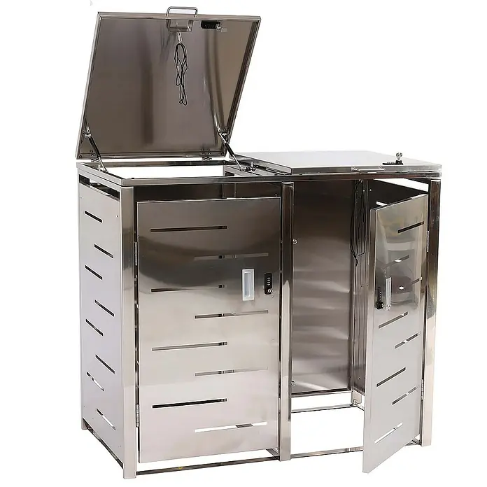 Proregal Mülltonnenbox 2er-Mülltonnenverkleidung - Metall, Edelstahl, Geeignet für Anzahl Mülltonnen: 2 Stk. - Bild eines abschließbaren Edelstahl-Mülltonnenbox mit Klappdeckel.