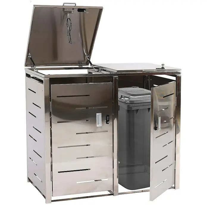 Proregal Mülltonnenbox 2er-Mülltonnenverkleidung - Metall, Edelstahl, Geeignet für Anzahl Mülltonnen: 2 Stk. - Das Bild zeigt einen doppelten Mülltonnenbox aus Edelstahl mit zwei Fächern, einem offenen Deckel und einer Mülltonne.