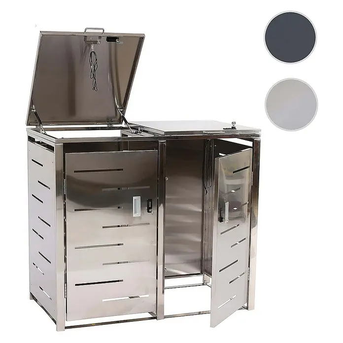 Proregal Mülltonnenbox 2er-Mülltonnenverkleidung - Metall, Edelstahl, Geeignet für Anzahl Mülltonnen: 2 Stk. - Das Bild zeigt einen silbernen, doppelten Mülltonnenbox mit zwei Türen und einem aufklappbaren Deckel.