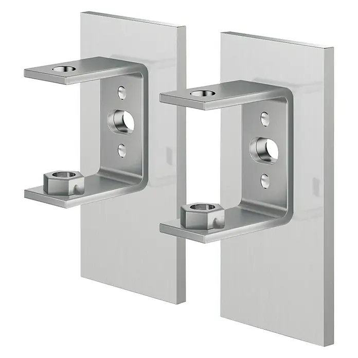 Zack Linea Wandhalterung - 2 Stk., Edelstahl, Matt - Zwei Metallhalterungen mit Schrauben an weißen Paneelen befestigt, ideal für Wandmontageprojekte.
