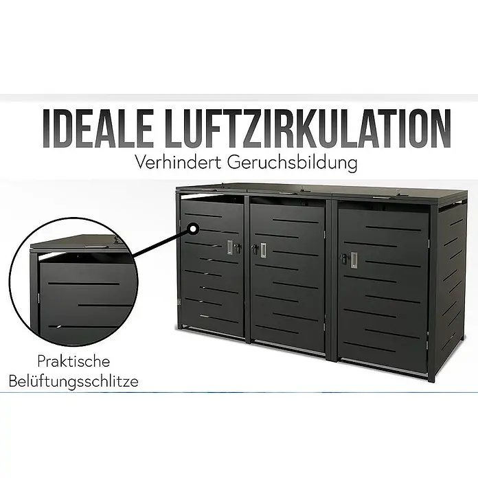 Proregal Mülltonnenbox 3er-Mülltonnenverkleidung - Metall, Anthrazit, Geeignet für Anzahl Mülltonnen: 3 Stk. - Mülltonnenbox für drei Tonnen mit praktischen Belüftungsschlitzen für ideale Luftzirkulation.