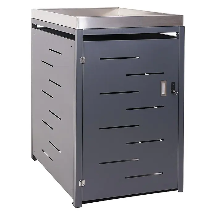 Proregal Mülltonnenbox 1er-Mülltonnenverkleidung - Metall, Edelstahl, Geeignet für Anzahl Mülltonnen: 1 Stk. - Grauer Mülltonnenbox mit Edelstahldeckel und horizontalen Schlitzen zur Belüftung. Eine stilvolle Lösung für die Mülltonnenaufbewahrung.