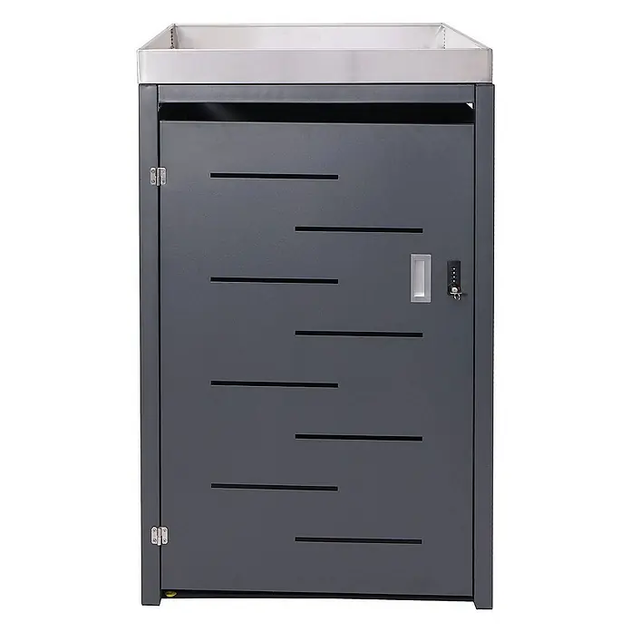 Proregal Mülltonnenbox 1er-Mülltonnenverkleidung - Metall, Edelstahl, Geeignet für Anzahl Mülltonnen: 1 Stk. - Grauer Mülltonnenbox mit Schlitzdesign und abschließbarer Tür für stilvolle Abfallentsorgung im Außenbereich.