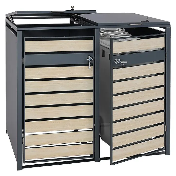 Proregal Mülltonnenbox XL 2er/4er-Mülltonnenverkleidung - Metall, Buche-Holzoptik Hellbraun, Geeignet für Anzahl Mülltonnen: 2 Stk. - Mülltonnenbox aus Metall und Holz mit abschließbaren Türen und Deckeln zur stilvollen Aufbewahrung von Mülltonnen im Außenbereich.