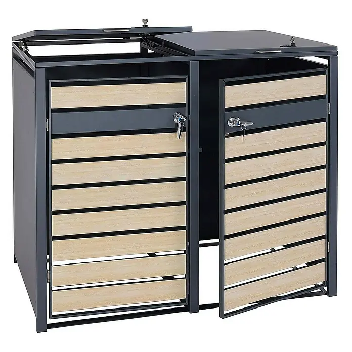 Proregal Mülltonnenbox XL 2er/4er-Mülltonnenverkleidung - Metall, Buche-Holzoptik Hellbraun, Geeignet für Anzahl Mülltonnen: 2 Stk. - Stilvolle Mülltonnenbox für zwei Tonnen. Die Box ist abschließbar und mit horizontalen Holzlatten verkleidet.