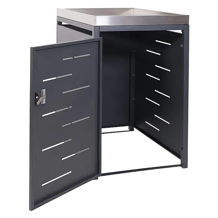 Proregal Mülltonnenbox 1er-Mülltonnenverkleidung - Metall, Edelstahl, Geeignet für Anzahl Mülltonnen: 1 Stk. - Metall-Mülltonnenbox mit Tür und Lüftungsschlitzen, ideal zur stilvollen Aufbewahrung von Mülltonnen im Außenbereich.