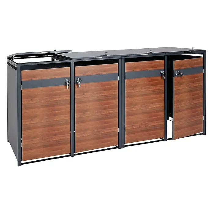 Proregal Mülltonnenbox 4er Mülltonnenverkleidung - 264 x 80 cm, Metall, Kirsche-Holzoptik Dunkelbraun, Geeignet für Anzahl Mülltonnen: 4 Stk. - Das Bild zeigt eine Mülltonnenbox mit vier separaten Fächern und Holztüren, die jeweils mit Schlössern versehen sind.\n