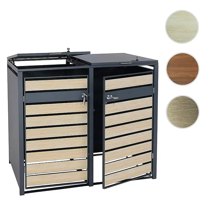 Proregal Mülltonnenbox XL 2er/4er-Mülltonnenverkleidung - Metall, Buche-Holzoptik Hellbraun, Geeignet für Anzahl Mülltonnen: 2 Stk. - Mülltonnenbox für zwei Tonnen mit Holztüren und abschließbaren Deckeln für eine saubere und sichere Aufbewahrung im Außenbereich.