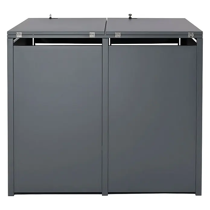 Proregal Mülltonnenbox XL 2er/4er-Mülltonnenverkleidung - Metall, Buche-Holzoptik Hellbraun, Geeignet für Anzahl Mülltonnen: 2 Stk. - Graue Doppel-Mülltonnenbox mit aufklappbaren Deckeln und robustem Metallrahmen für den Außenbereich. Die ideale Lösung für stilvolle Abfallentsorgung.