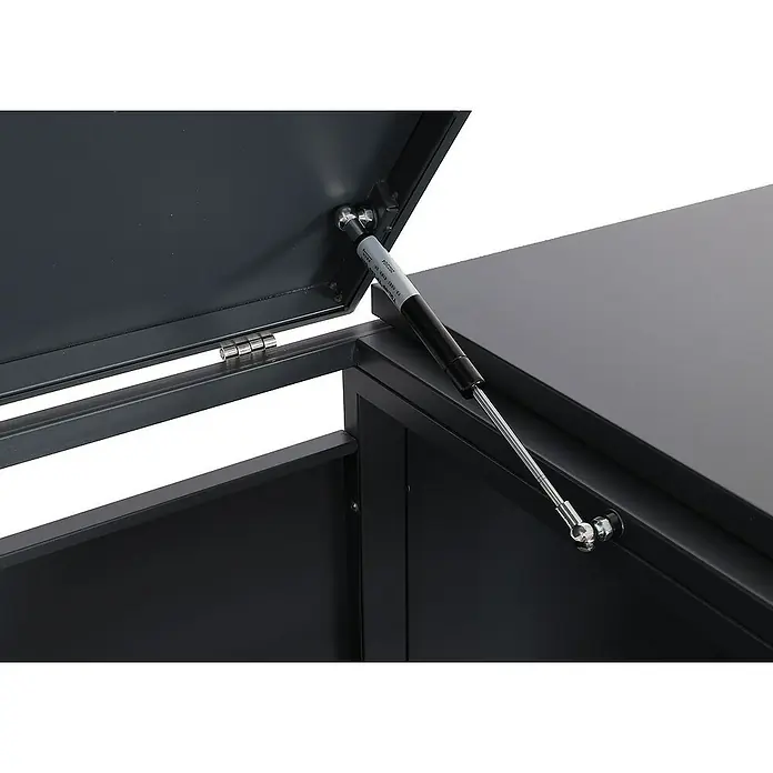 Proregal Mülltonnenbox 2er Mülltonnenverkleidung - Metall, Marmor-Optik dunkel, Geeignet für Anzahl Mülltonnen: 2 Stk. - Detailansicht einer schwarzen Aufbewahrungsbox mit geöffnetem Deckel, der durch einen Gasdruckdämpfer gehalten wird.