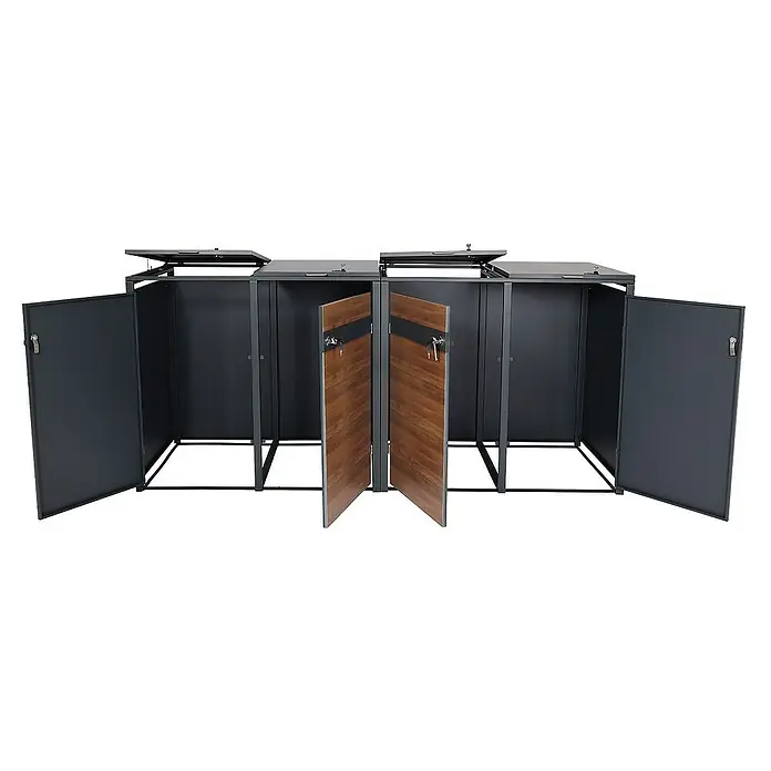 Proregal Mülltonnenbox 4er Mülltonnenverkleidung - 264 x 80 cm, Metall, Kirsche-Holzoptik Dunkelbraun, Geeignet für Anzahl Mülltonnen: 4 Stk. - Mülltonnenbox mit drei Fächern, grauer Rahmen und Holztüren, teilweise geöffnet, zur stilvollen Aufbewahrung von Mülltonnen im Außenbereich.