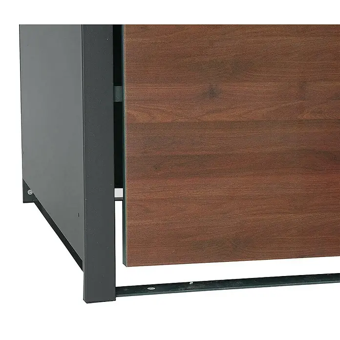 Proregal Mülltonnenbox 4er Mülltonnenverkleidung - 264 x 80 cm, Metall, Kirsche-Holzoptik Dunkelbraun, Geeignet für Anzahl Mülltonnen: 4 Stk. - Detailansicht eines modernen Büroschranks mit dunkelbrauner Holzfront und anthrazitfarbenem Metallrahmen, der für eine elegante und funktionale Arbeitsumgebung sorgt.