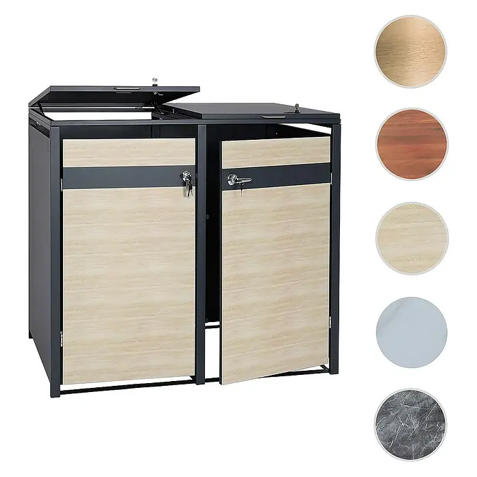 Proregal Mülltonnenbox 2er Mülltonnenverkleidung - Metall, Marmor-Optik dunkel, Geeignet für Anzahl Mülltonnen: 2 Stk. - Doppelter Mülltonnenbox für den Außenbereich mit Holzdekor, ideal für die stilvolle Aufbewahrung von Mülltonnen.