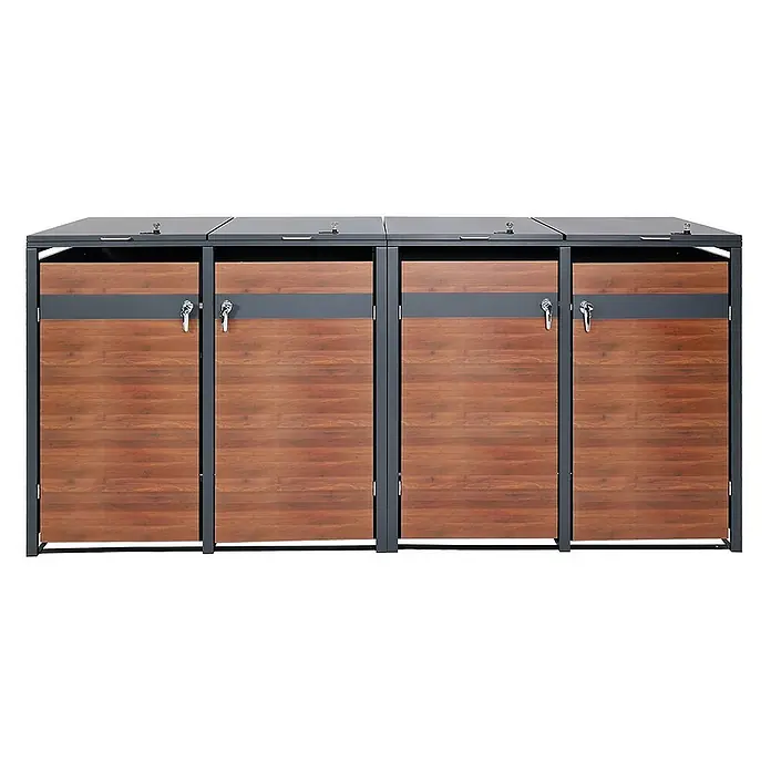 Proregal Mülltonnenbox 4er Mülltonnenverkleidung - 264 x 80 cm, Metall, Kirsche-Holzoptik Dunkelbraun, Geeignet für Anzahl Mülltonnen: 4 Stk. - Mülltonnenbox für vier Mülltonnen, gefertigt aus Holz und Metall, mit abschließbaren Türen und Deckeln zur sicheren und diskreten Aufbewahrung.
