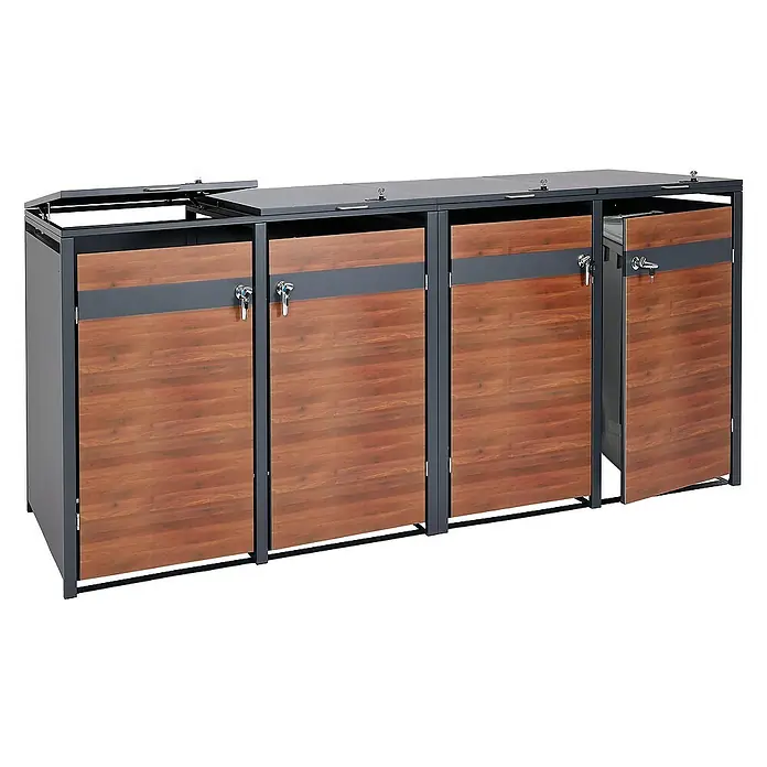 Proregal Mülltonnenbox 4er Mülltonnenverkleidung - 264 x 80 cm, Metall, Kirsche-Holzoptik Dunkelbraun, Geeignet für Anzahl Mülltonnen: 4 Stk. - Mülltonnenbox für drei Tonnen mit Holztüren und abschließbaren Schlössern. Praktische und stilvolle Lösung zur Mülltrennung im Außenbereich.