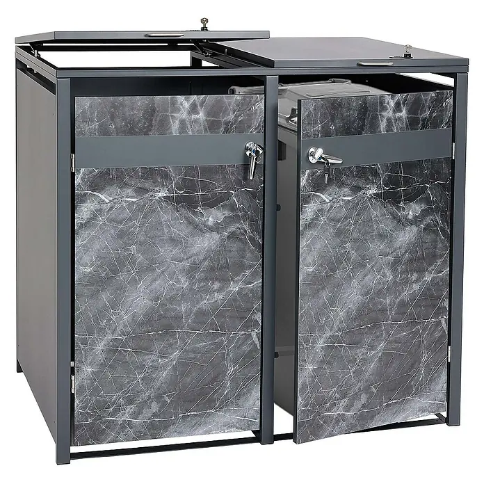 Proregal Mülltonnenbox 2er Mülltonnenverkleidung - 132 x 80 cm, Metall, Marmor-Optik dunkel, Geeignet für Anzahl Mülltonnen: 2 Stk. - Mülltonnenbox für zwei Tonnen mit Marmorverkleidung und abschließbaren Türen.