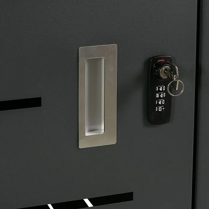 Proregal Mülltonnenbox 4er-Mülltonnenverkleidung - Metall, Anthrazit, Geeignet für Anzahl Mülltonnen: 4 Stk. - Schwarzes Metallmöbelstück mit eingelassenem Griff und Kombinationsschloss mit Schlüssel.