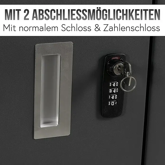 Proregal Mülltonnenbox 4er-Mülltonnenverkleidung - Metall, Anthrazit, Geeignet für Anzahl Mülltonnen: 4 Stk. - Produktbild: Schrank mit zwei Verschlussmöglichkeiten – normalem Schloss & Zahlenschloss für erhöhte Sicherheit.