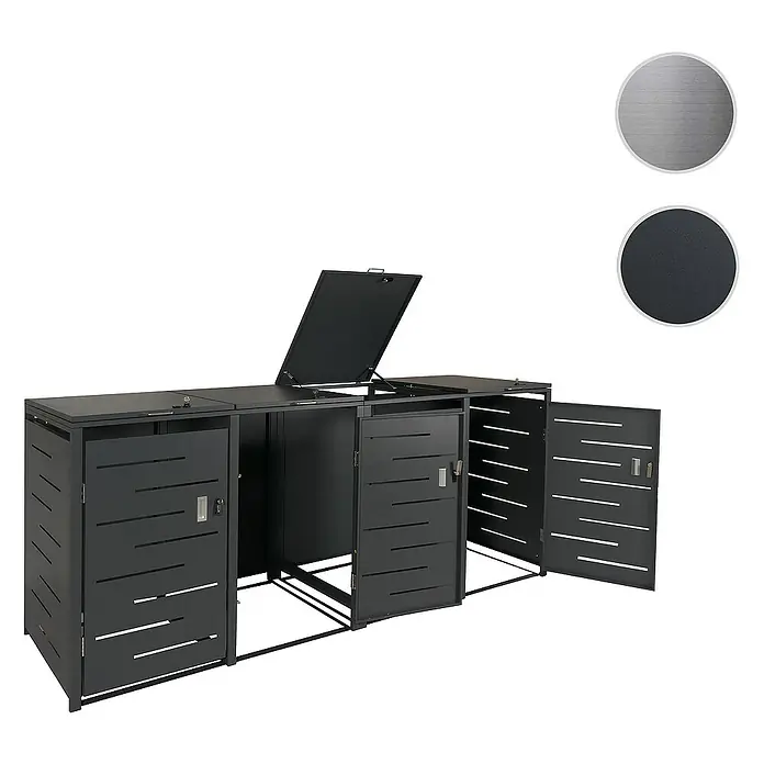 Proregal Mülltonnenbox 4er-Mülltonnenverkleidung - Metall, Anthrazit, Geeignet für Anzahl Mülltonnen: 4 Stk. - Bild eines Mülltonnenbox für drei Tonnen, schwarz, mit horizontalen Schlitzen in den Türen und einem offenen Deckel.