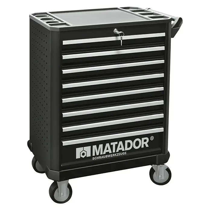 Matador Werkstattwagen Ratio Unlimited - L x B x H: 470 x 785 x 1.030 mm, Anzahl Schubladen: 8 Stk., Zubehör: 350 -tlg. - Ein rollbarer, schwarzer Matador Werkzeugwagen mit mehreren Schubladen, der mit einem Schlüssel abschließbar ist, für die Werkstatt.
