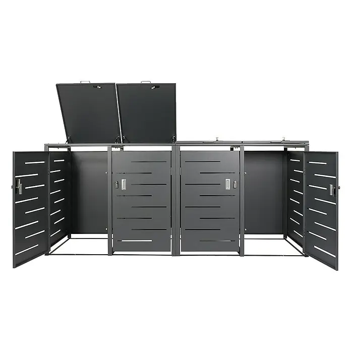 Proregal Mülltonnenbox 4er-Mülltonnenverkleidung - Metall, Anthrazit, Geeignet für Anzahl Mülltonnen: 4 Stk. - Schwarze Mülltonnenbox mit aufklappbaren Deckeln und seitlichen Eingängen. Die Box bietet Platz für mehrere Mülltonnen.