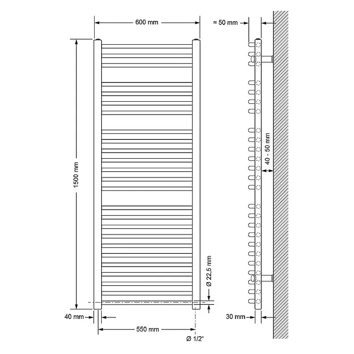 LuxeBath Elektro-Badheizkörper Handtuchwärmer Elektrisch Seitenanschluss mit Heizstab 1200W gebogen - B x H: 60 x 150 cm - Technische Zeichnung eines beheizbaren Handtuchhalters mit Maßangaben zu Höhe, Breite und Wandabstand, inklusive Rohrdurchmesser.