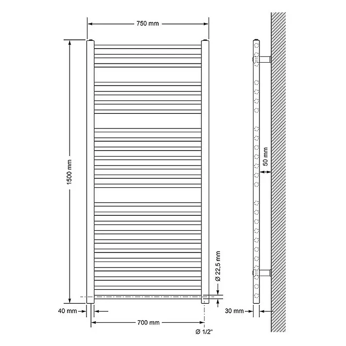 LuxeBath Elektro-Badheizkörper Handtuchwärmer Elektrisch Seitenanschluss mit Heizstab 1200W gerade - B x H: 75 x 150 cm - Schematische Darstellung eines Heizkörpers mit Maßangaben, einschließlich Höhe (1500 mm), Breite (750 mm) und Durchmesser der Anschlüsse.