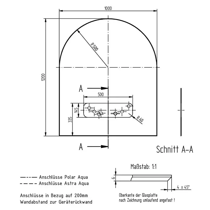 Justus Glasbodenplatte B3 - 120 x 100 cm, Gebogen, Mit Ausschnitt - Technische Zeichnung einer Glasplatte mit abgerundeten Ecken, Bemaßungen und Details zu Anschlüssen und Schnittansicht.