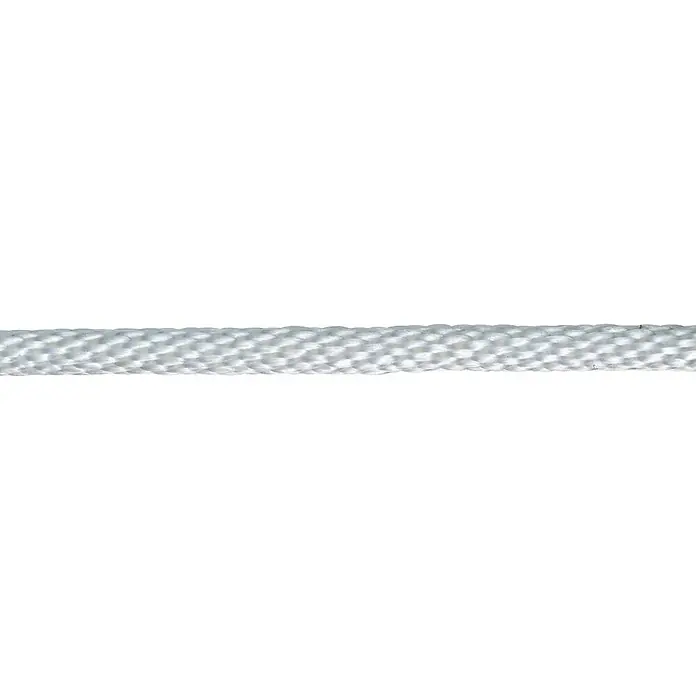 PP-Seil Meterware - Durchmesser: 6 mm, Polypropylen, Weiß, 8-fach geflochten - Nahaufnahme eines weißen Seils, das sich horizontal erstreckt und seine geflochtene Textur zeigt, ideal für Produktpräsentationen.