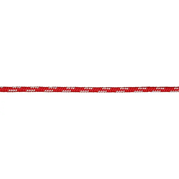 Stabilit Reepschnur Meterware - Als Zuschnitt erhältlich, Belastbarkeit: 45 kg, Rot/Weiß, Durchmesser: 5 mm, Polypropylen - Nahaufnahme eines rot-weiß gestreiften Seils, das sich horizontal durch das Bild zieht.